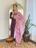 Teeya Creation Wine Color Viscose Rayon Embroidery Work Fully Stitched Kurti Set | Grocsy