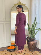 Teeya Creation Wine Color Viscose Rayon Embroidery Work Fully Stitched Kurti Set | Grocsy