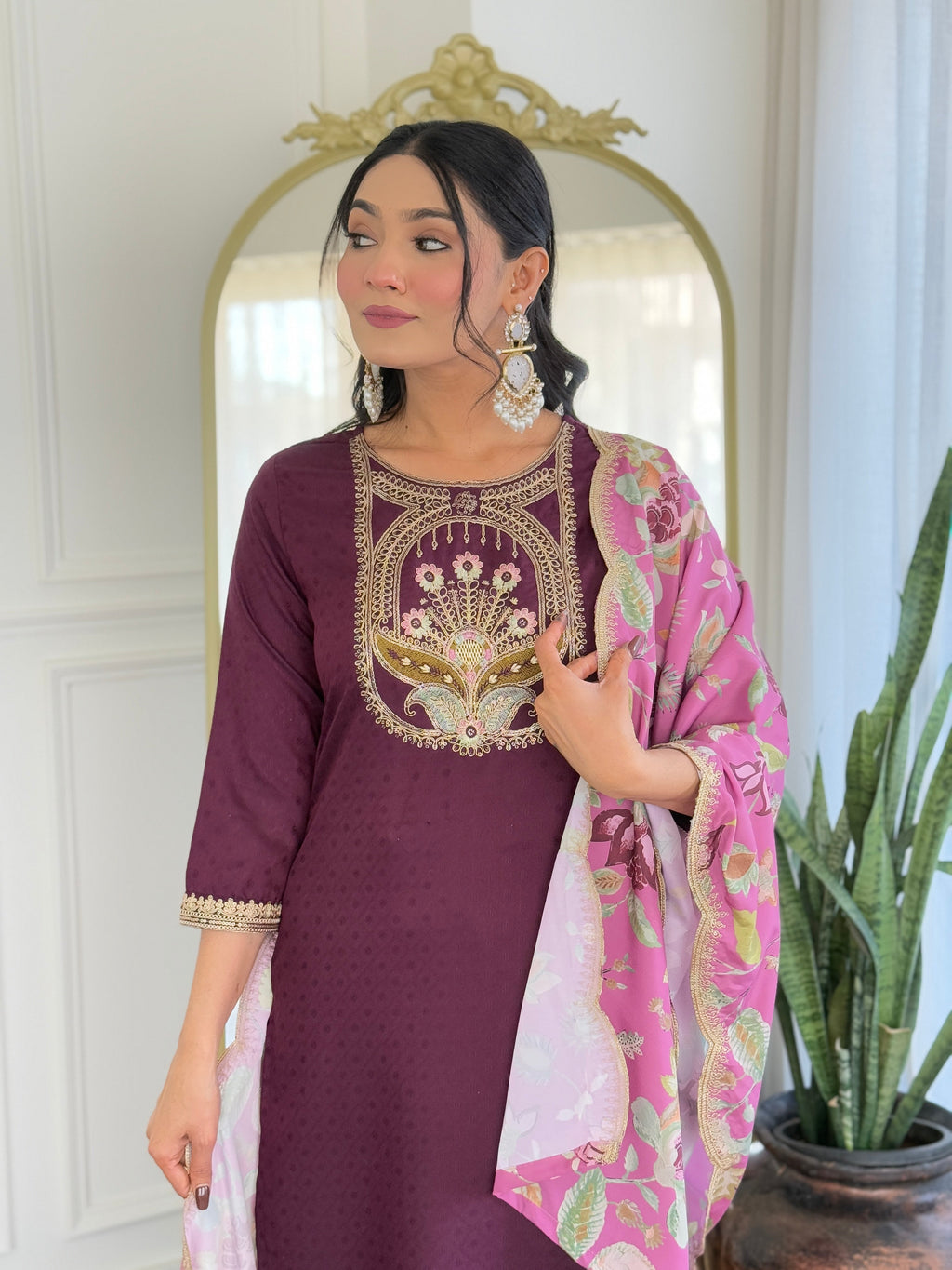 Teeya Creation Wine Color Viscose Rayon Embroidery Work Fully Stitched Kurti Set | Grocsy