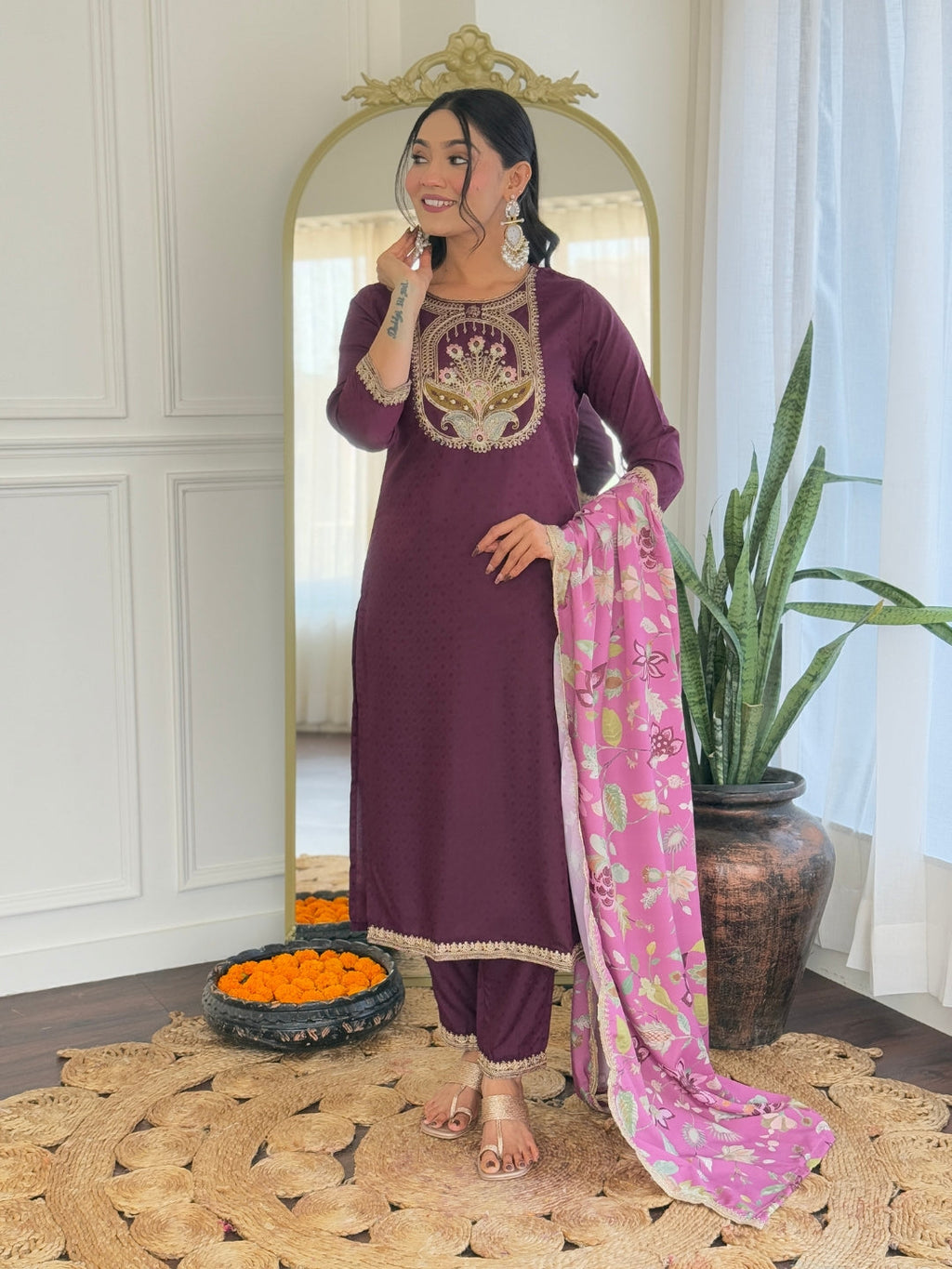 Teeya Creation Wine Color Viscose Rayon Embroidery Work Fully Stitched Kurti Set | Grocsy