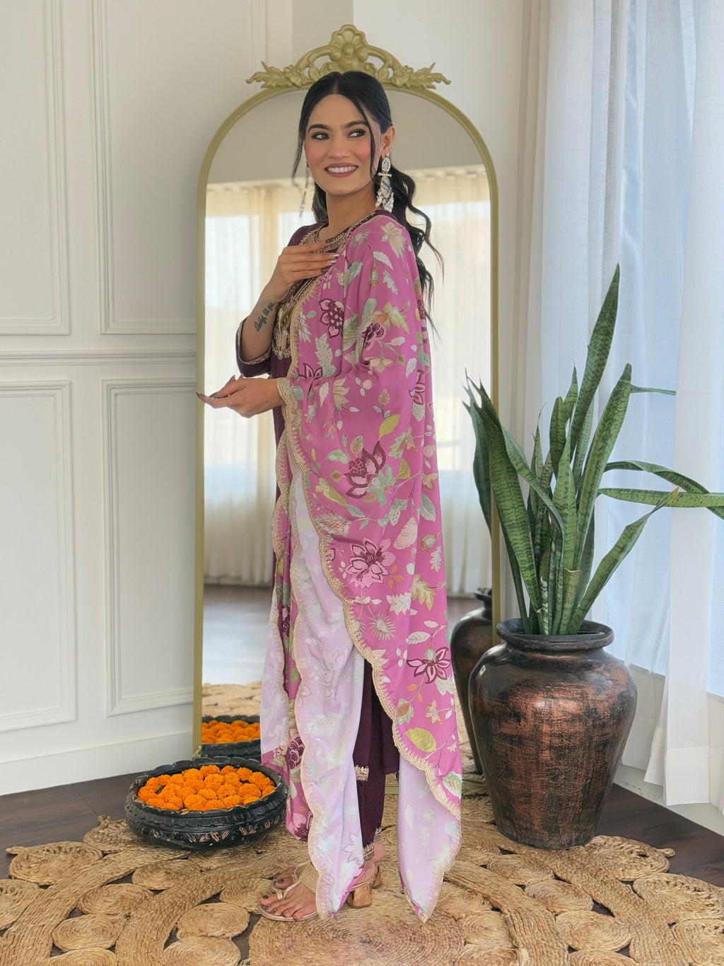 Teeya Creation Wine Color Viscose Rayon Embroidery Work Fully Stitched Kurti Set | Grocsy