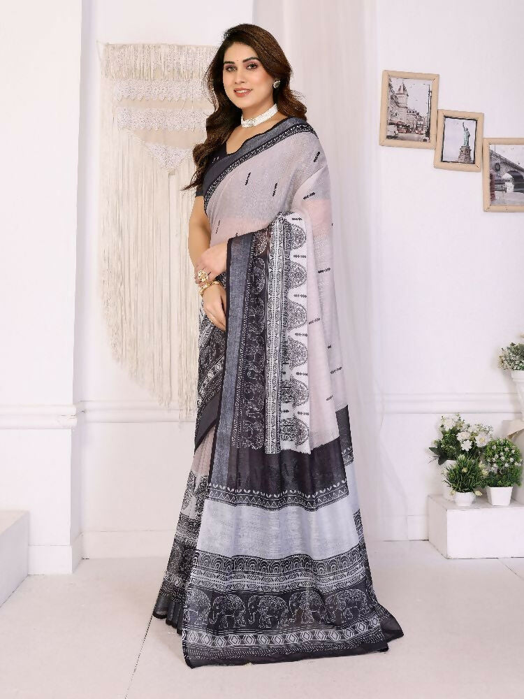 PR Fashion Black Handloom Linen Cotton Zari Saree | Grocsy