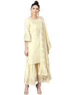 Ahalyaa Cream Crepe Glitter Print Kurta Sharara Set With Dupatta | Grocsy