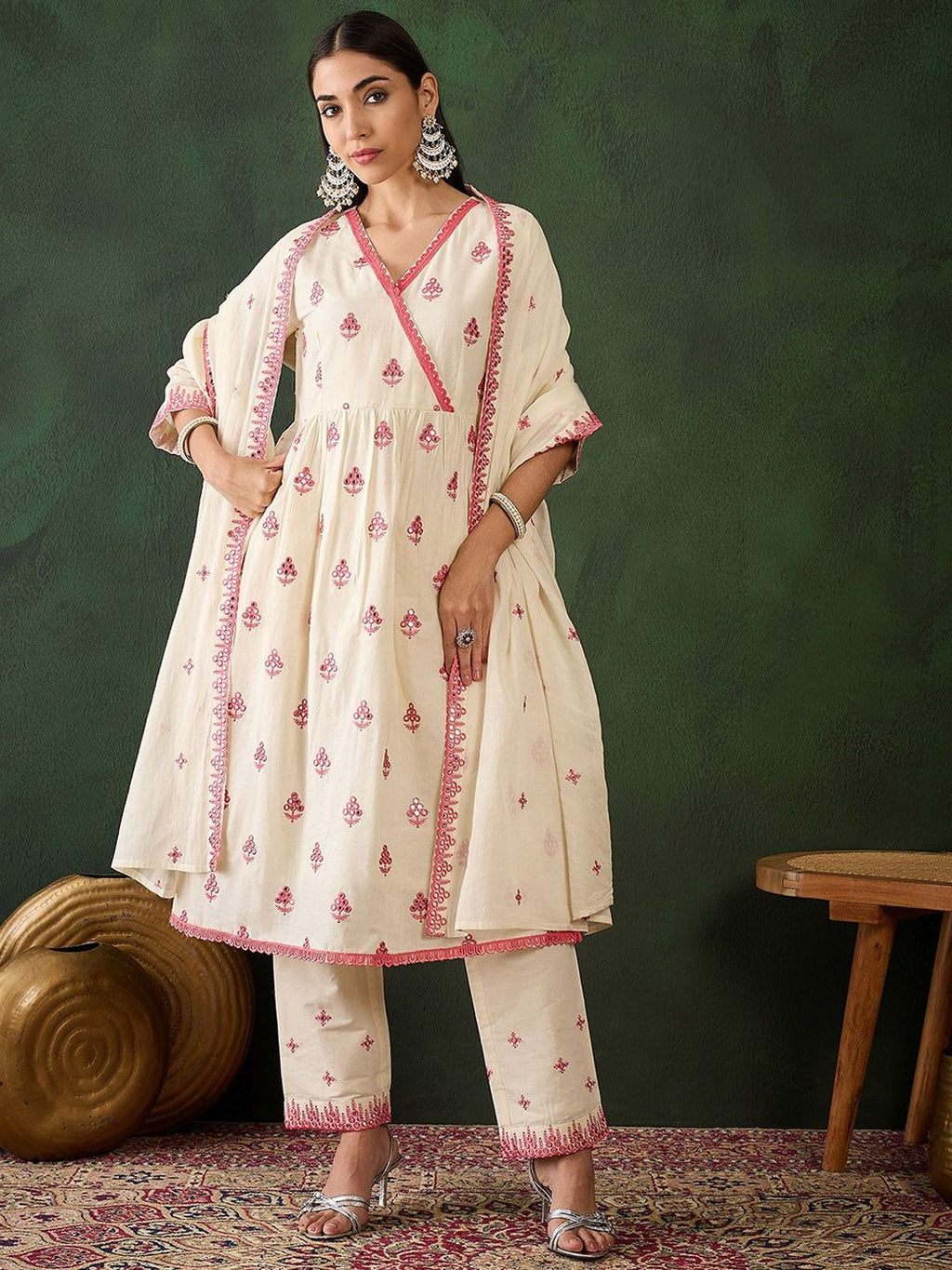 Sangria Off White Floral Embroidered Pure Cotton Mirror Work Kurta & Trouser With Dupatta | Grocsy