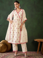 Sangria Off White Floral Embroidered Pure Cotton Mirror Work Kurta & Trouser With Dupatta | Grocsy