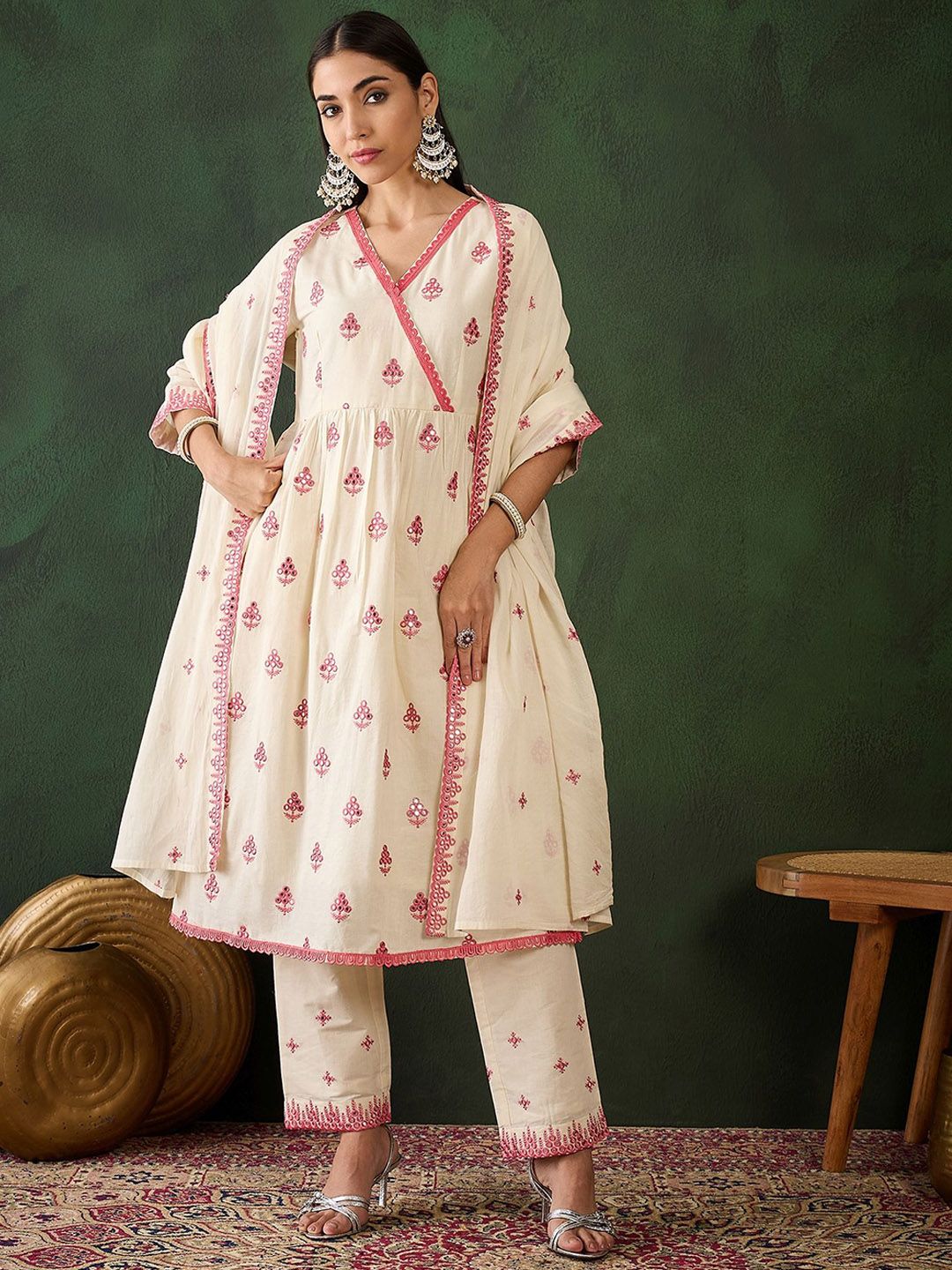 Sangria Off White Floral Embroidered Pure Cotton Mirror Work Kurta & Trouser With Dupatta | Grocsy