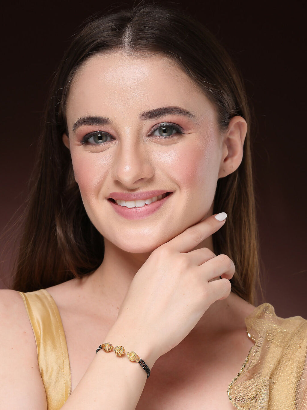 NVR Women Gold-Polished & Black Brass Hand Mangalsutra Link Bracelet | Grocsy