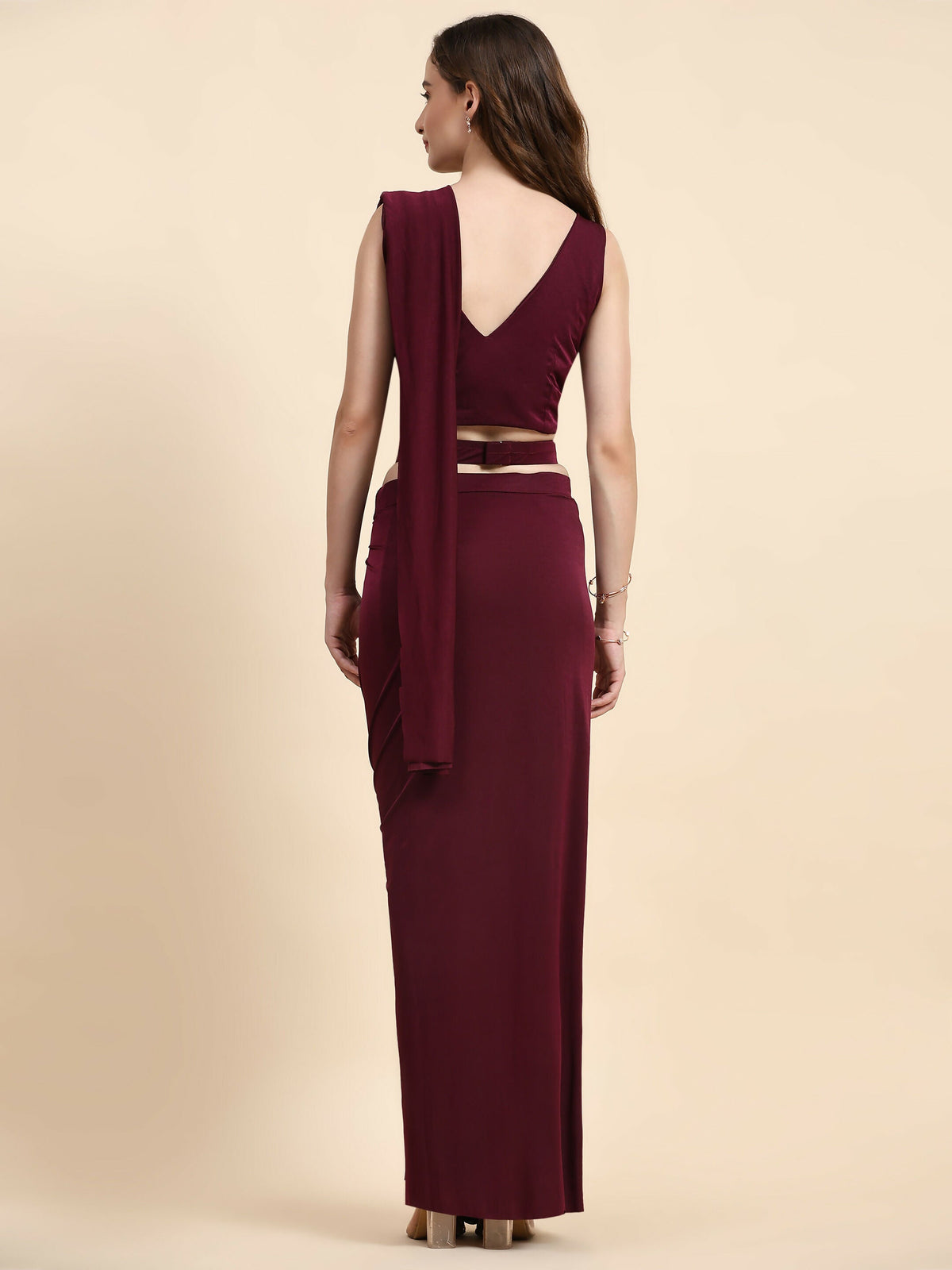 Maroon Polyester Solid Ready to Wear Saree with stitched Blouse - Nita | Grocsy