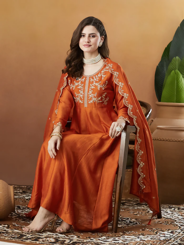 The52 Orange Women's Beautiful Vichitra Silk Fabric Embroidered Work Flared Anarkali Pant and Dupatta Set | Grocsy