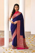 Joban Fashion Navy Blue Crepe Chiffon Pure Handloom Banarasi Silk Saree | Grocsy