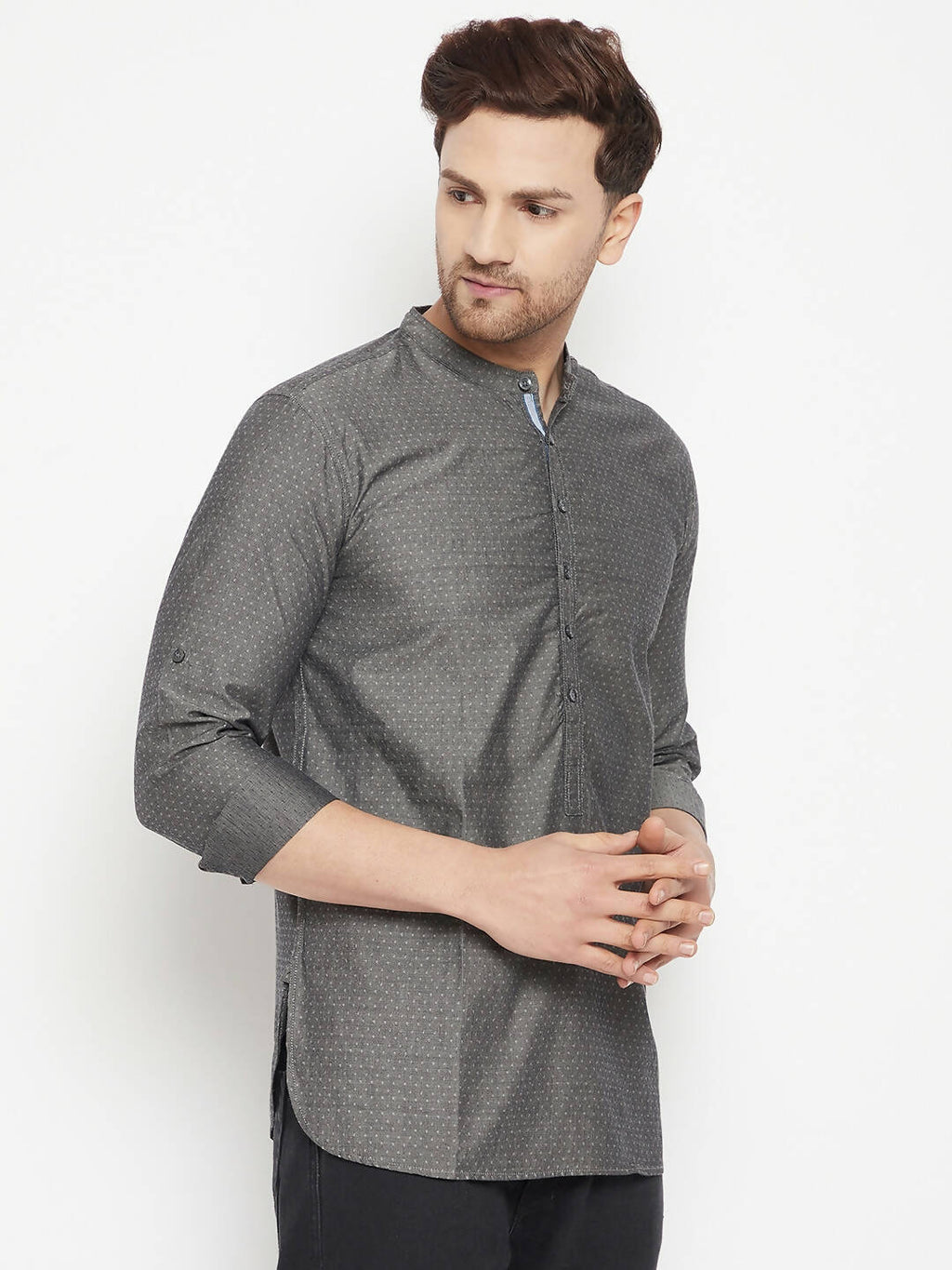 Even Apparels Grey Color Pure Cotton Short Men's Beautiful Kurta With Band Collar | Grocsy