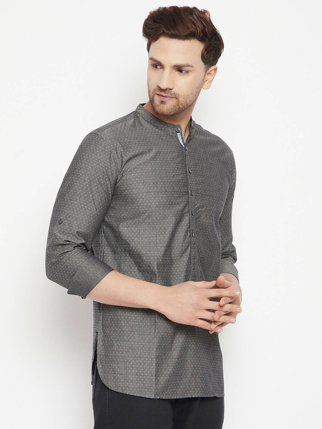 Even Apparels Grey Color Pure Cotton Short Men's Beautiful Kurta With Band Collar | Grocsy