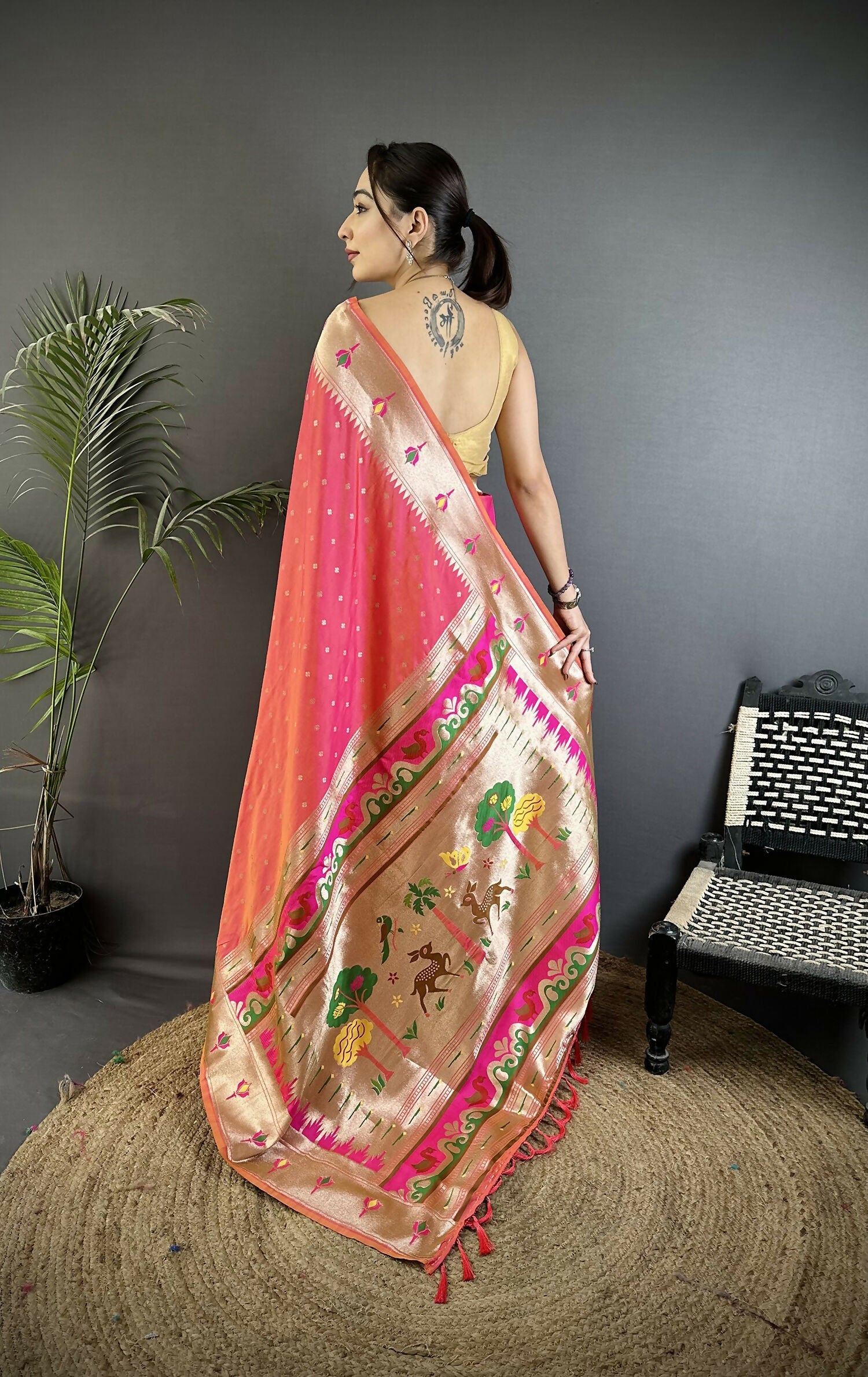 Joban Fashion Rose Pink Peacock & Floral Motifs Soft Lichi Silk Kanchipuram Saree | Grocsy