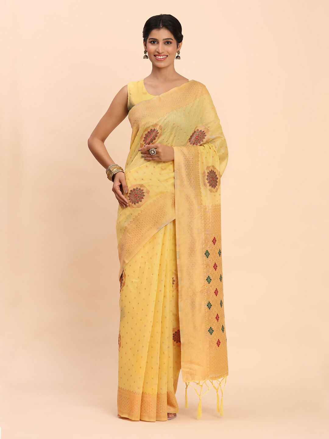 Shree Shyam Fashion Linen Cotton Yellow Saree | Grocsy
