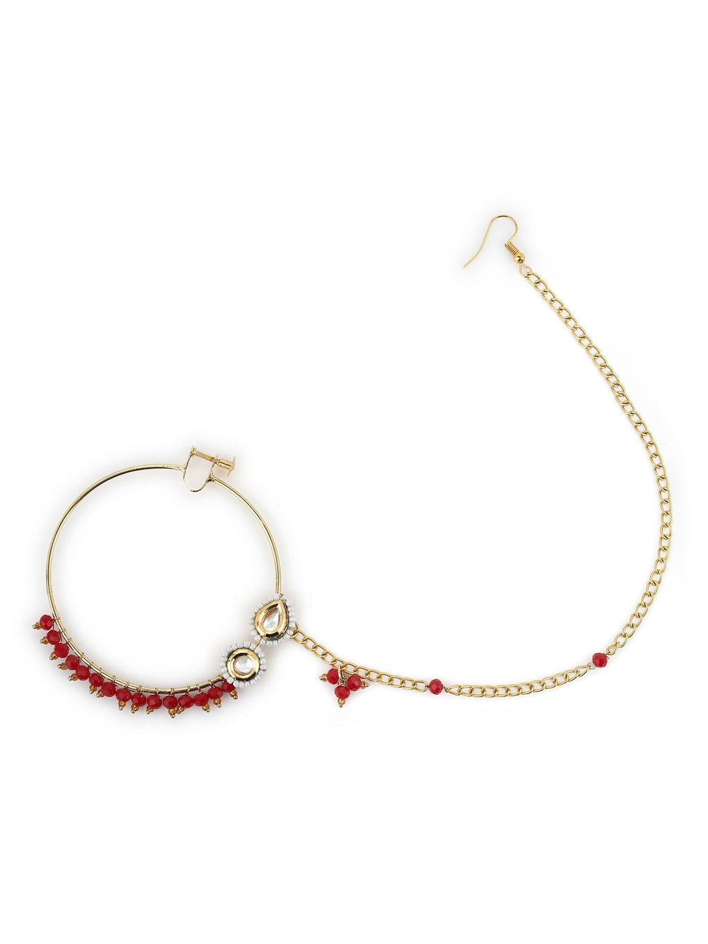 Gold-Polished White Red Kundan-Studded Pearl Beaded Nosepin - Ruby Raang | Grocsy