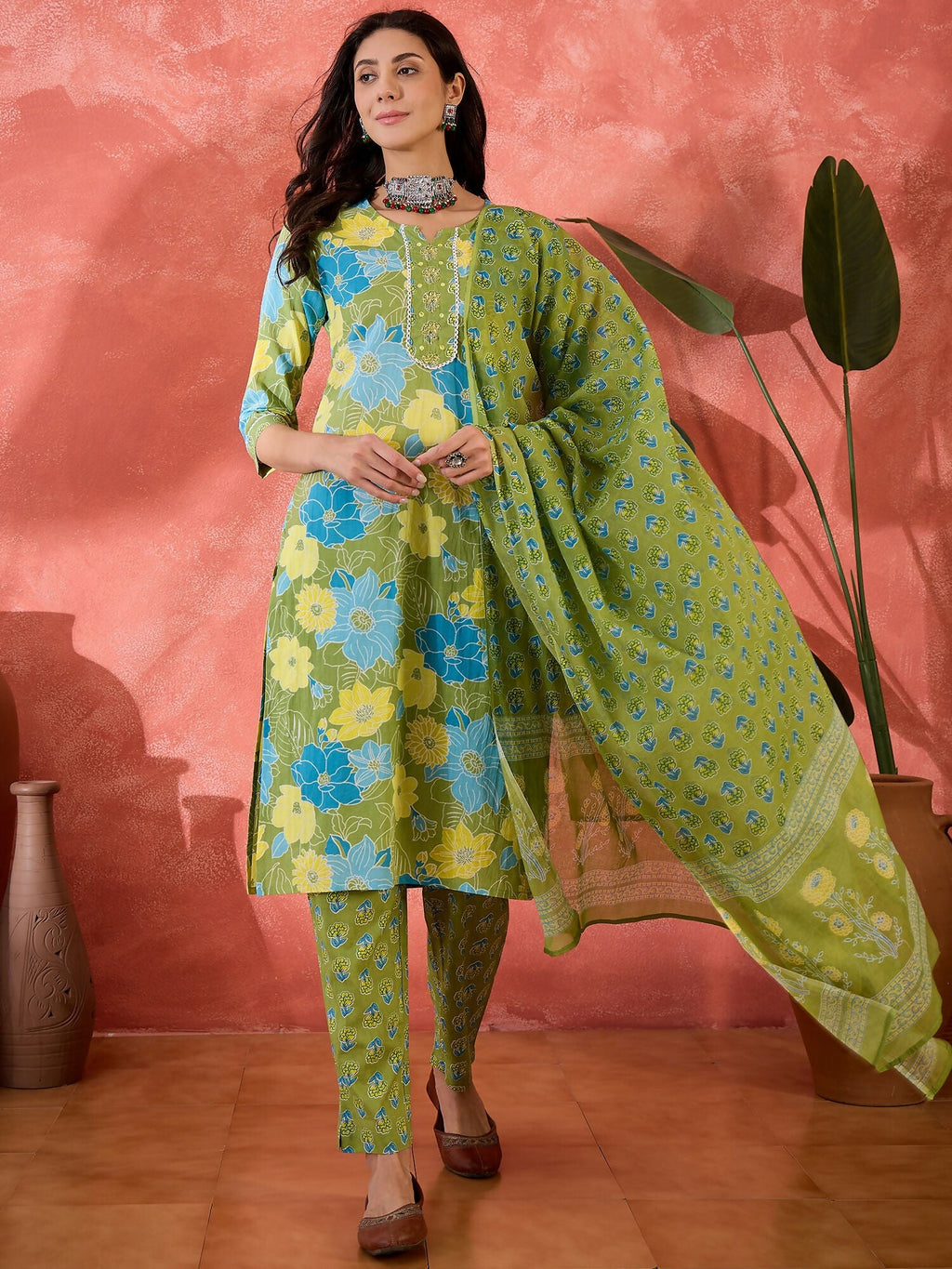 Joban Fashion Printed Green Pure Cotton Kurta Set | Grocsy