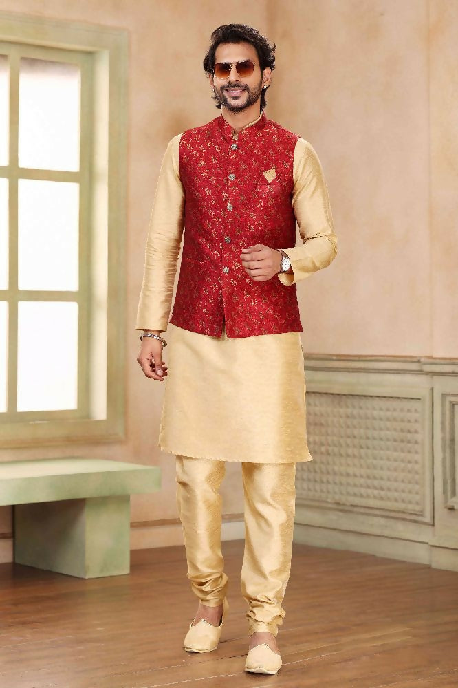 Raivat Ethnic Jacquard Banarasi Silk Woven Work 3 Pics Jacket Set In Maroon Colour | Grocsy