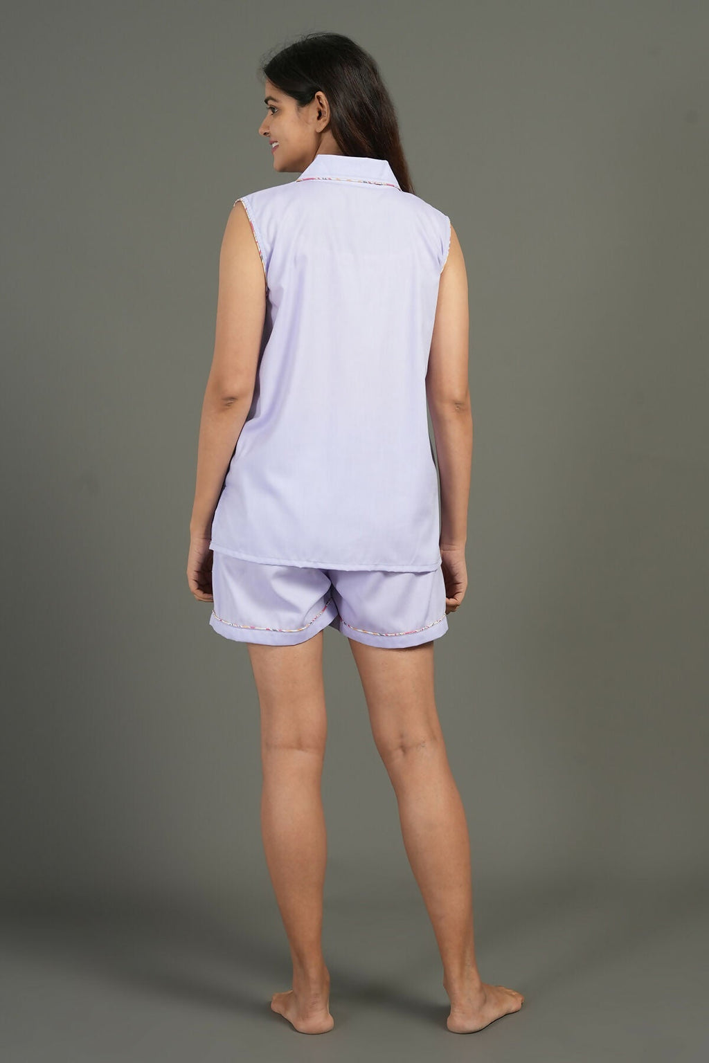 Breathables Women Cotton Night Suit Shirt And Shorts Co-Ord Set Notched Collar Lavender I Nightwear | Co-Ord Set | Lounge Wear Set I Solid Print | Grocsy