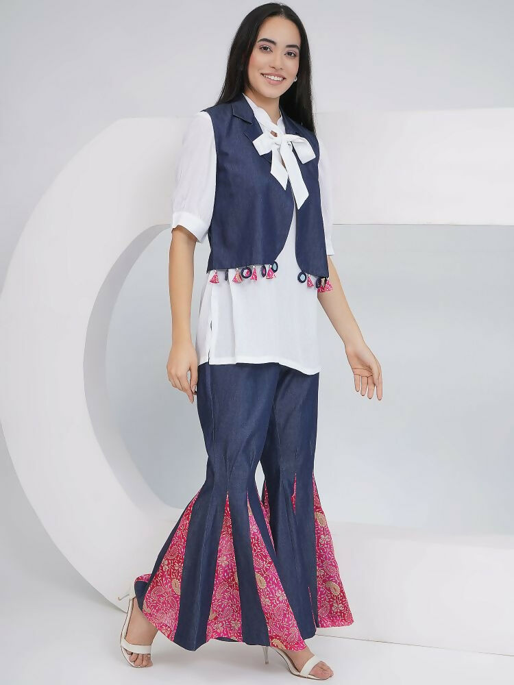 Joban Fashion White Rayon Crepe Hand-Embellished (Mirror Work) Sharara with Shirt and Jacket | Grocsy