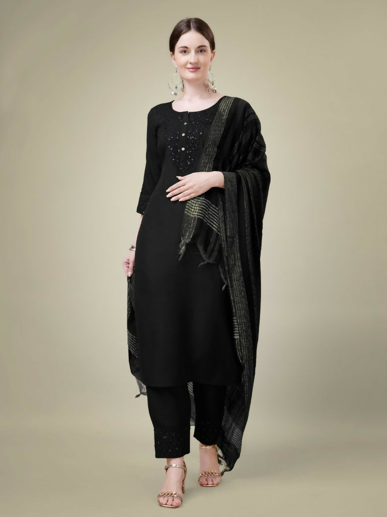 Jyoti Fashion Women's Black Cotton Blend Embroidery & Sequence work Kurta with Trouser & Dupatta | Grocsy