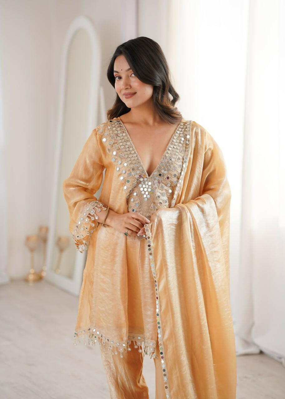 Teeya Creation Womens New Trending Fendy Fabric With Real Mirror With Coding Embroidered Lace Work Kurta Set | Grocsy