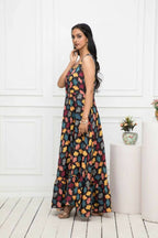 Myshka Women Black Floral Rayon A-Line Round Neck Dress | Grocsy