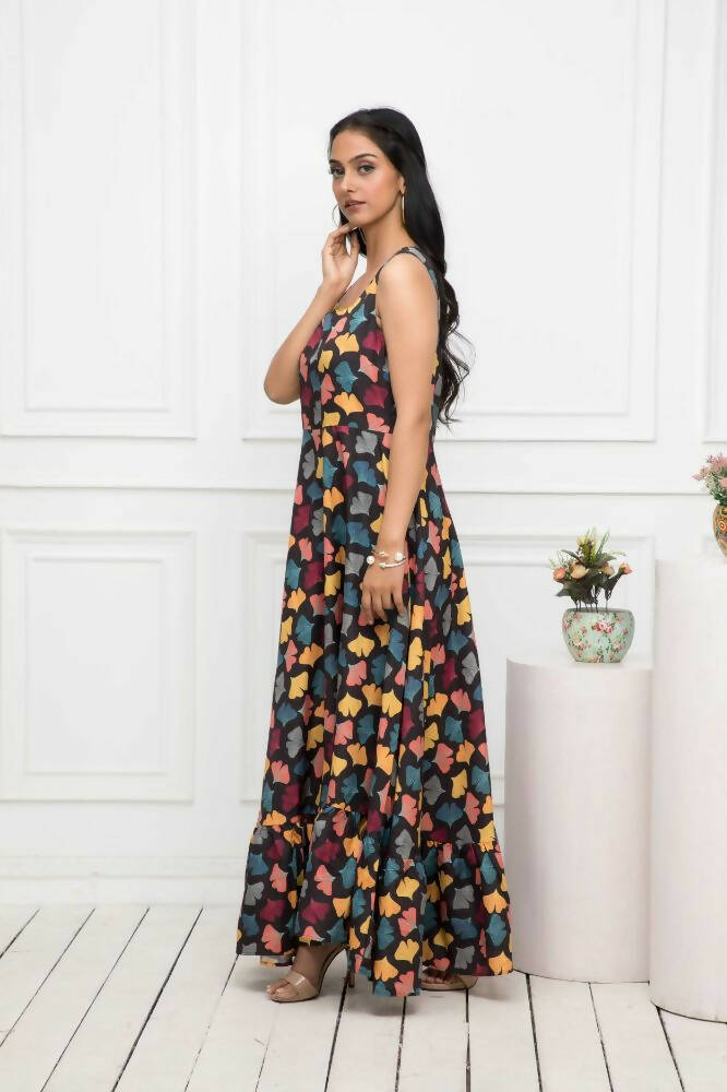 Myshka Women Black Floral Rayon A-Line Round Neck Dress | Grocsy