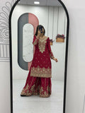 Teeya Creation Womens New Wedding Wear Heavy Embroidery Thread Work Maroon Kurta Set | Grocsy