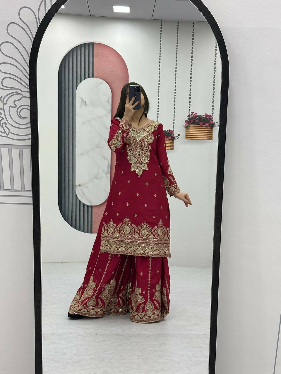 Teeya Creation Womens New Wedding Wear Heavy Embroidery Thread Work Maroon Kurta Set | Grocsy