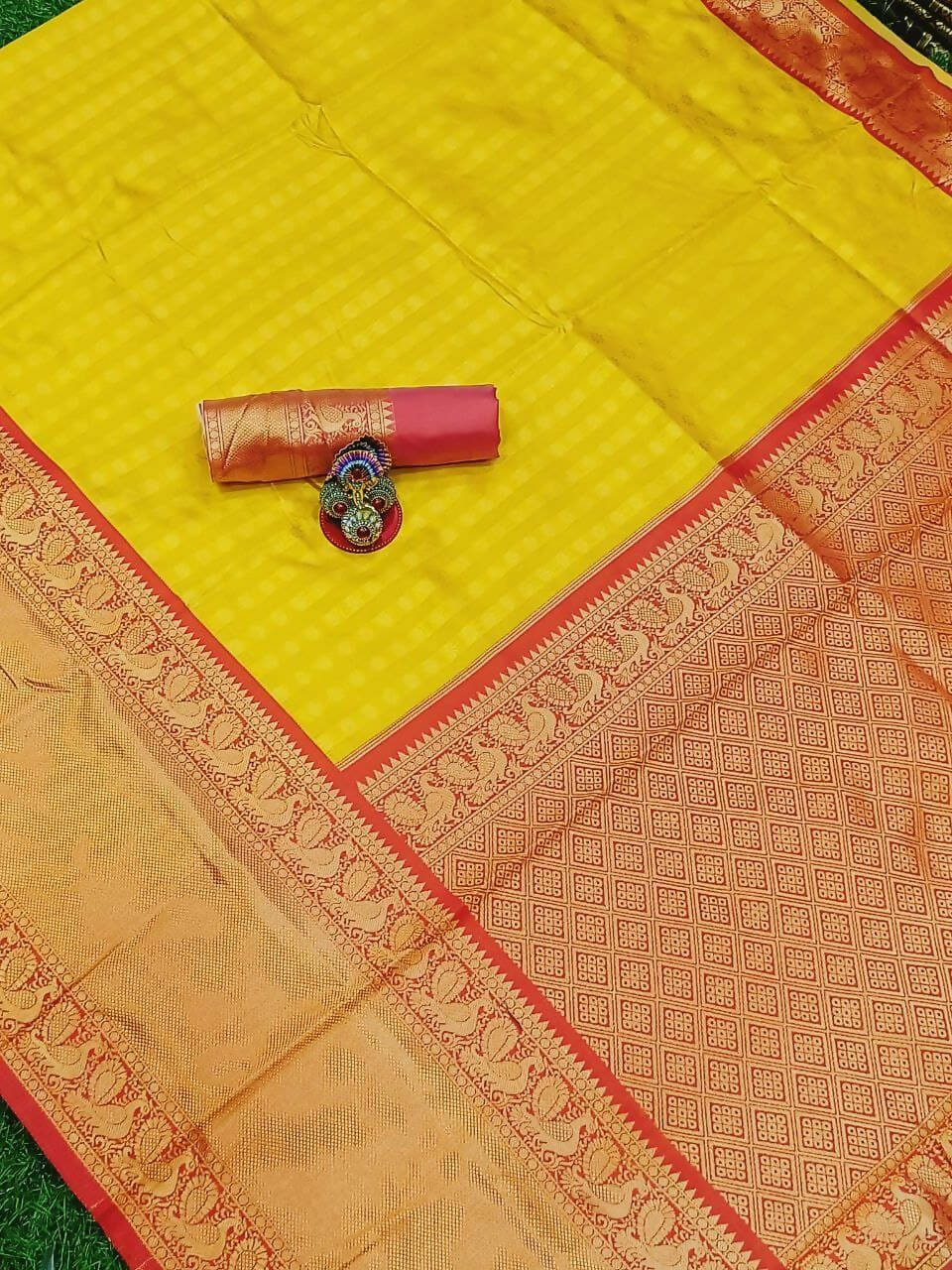 DEIANA'S Beautiful Designer Golden zari Soft Lichi Silk Saree - Yellow | Grocsy