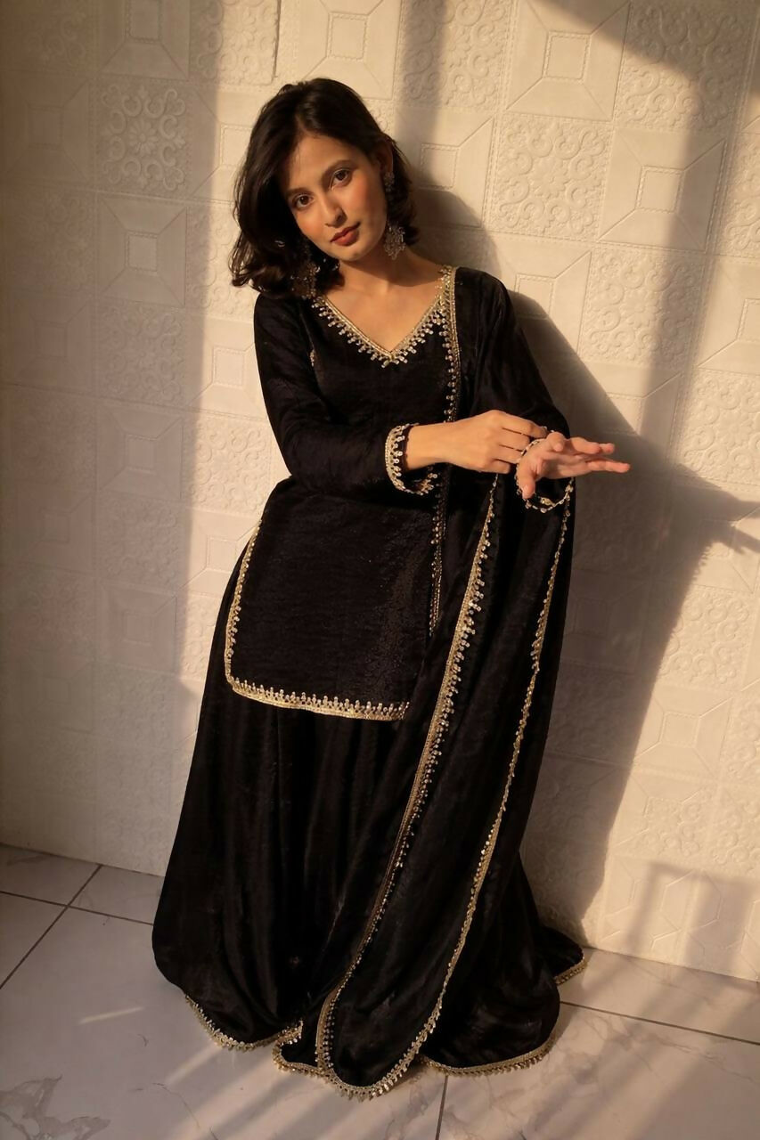 Teeya Creation Womens New Trending Less and Mirror Work Kurta Palazzo Set - Black | Grocsy
