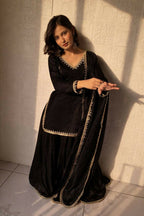 Teeya Creation Womens New Trending Less and Mirror Work Kurta Palazzo Set - Black | Grocsy