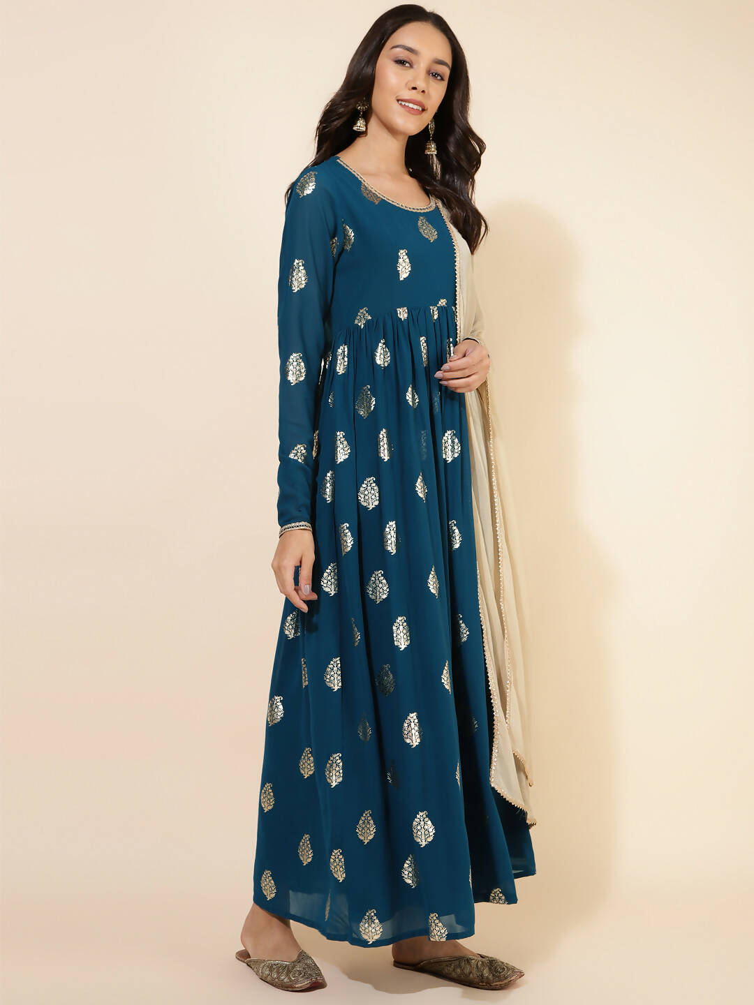 Janasya Women's Teal Blue Georgette Foil Printed Festive Flared Kurta Set | Grocsy