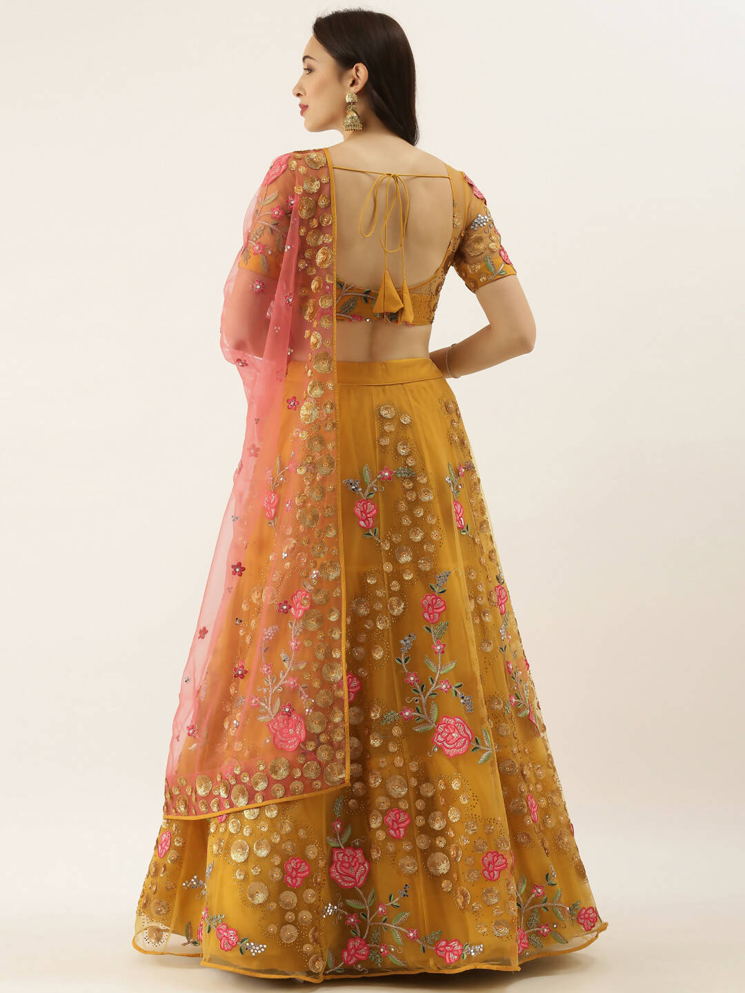 House of Panchhi Mustard Net Semi stitched Coding, Sequins & Saroski Stone Work Lehenga Choli | Grocsy
