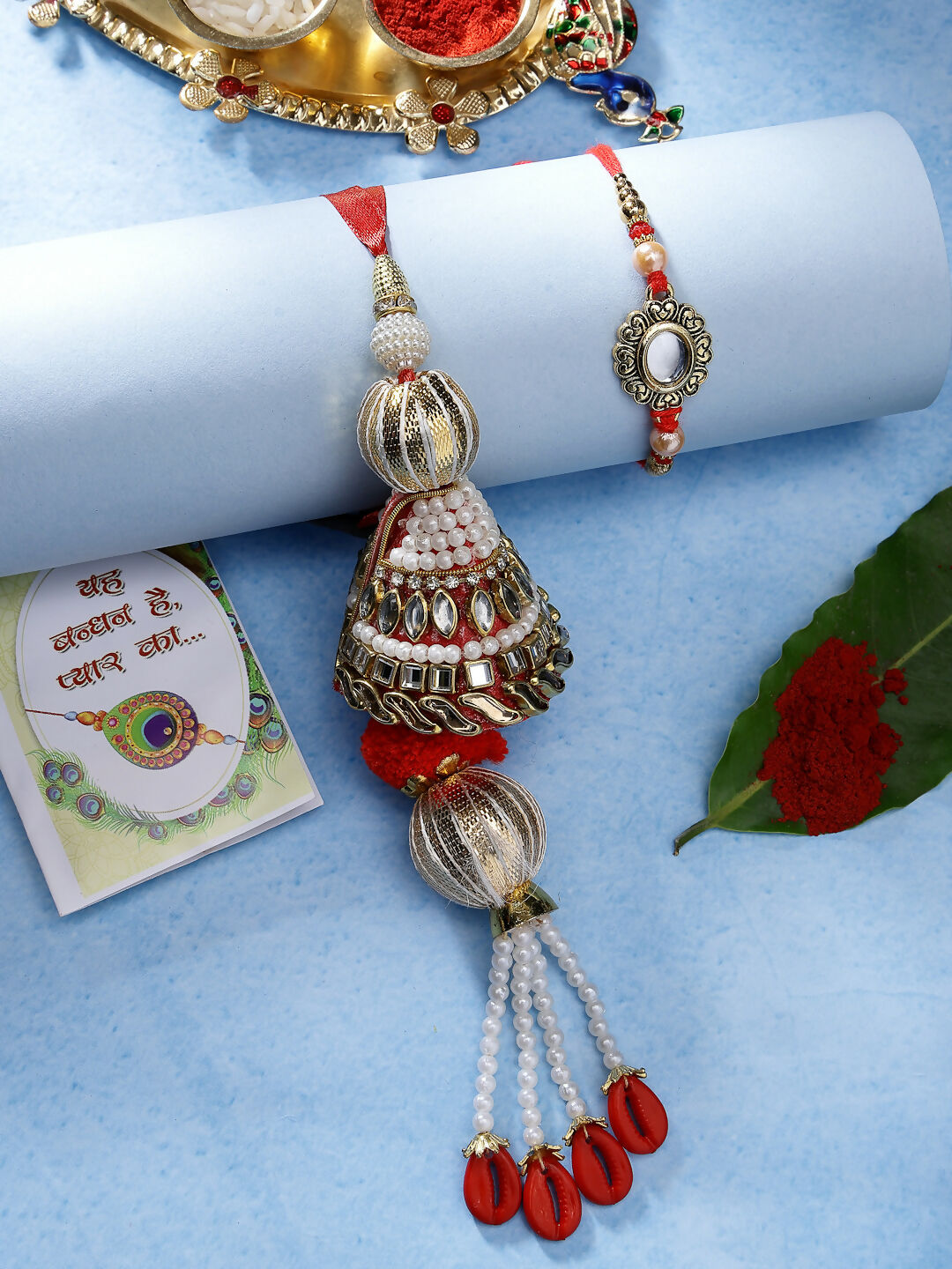 NVR Women & Men Set of 2 Gold & Red Kundan-Studded Bhaiya Bhabhi Rakhi With Roli Chawal | Grocsy