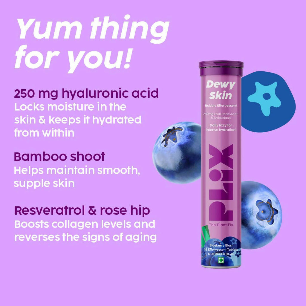PLIX The Plant Fix Dewy Skin Hyaluronic Acid Effervescent Tablets For Radiant Skin - Blueberry | Grocsy