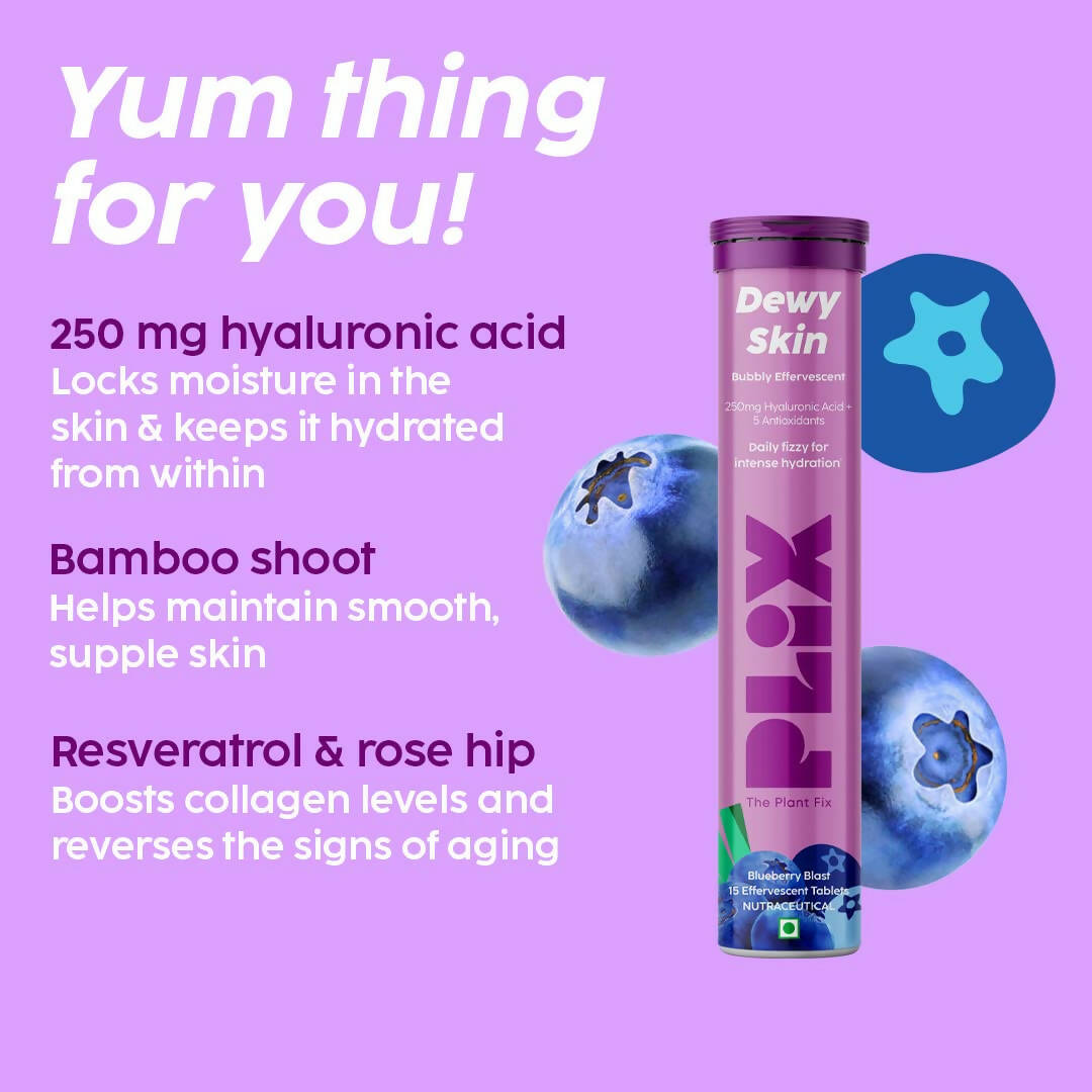 PLIX The Plant Fix Dewy Skin Hyaluronic Acid Effervescent Tablets For Radiant Skin - Blueberry | Grocsy