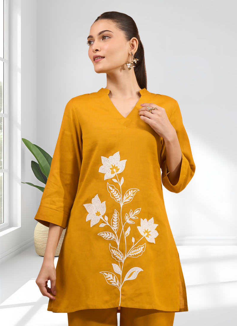 Joban Fashion Mustard Cotton, Linen Embroidered Readymade Cord Set | Grocsy