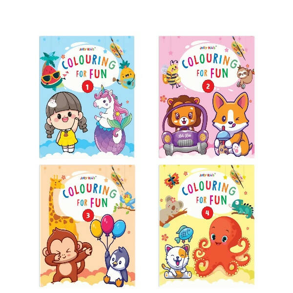 Jolly Kids Colouring for Fun Books A| Set of 4| Each Book 64 Images|Colouring & Painting Books for Kids|Ages 3-8 Year | Grocsy