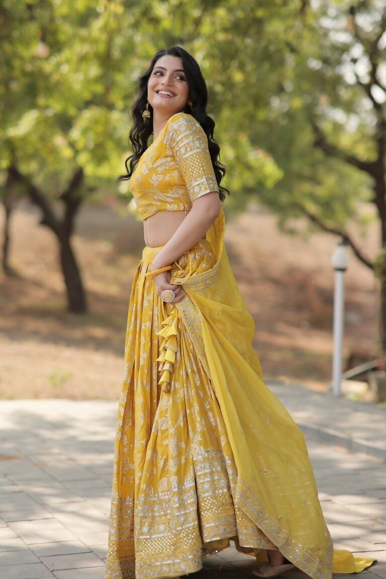 Vastranavya Designer Dyeable Pure Viscose Jacquard Fabric Lehenga Choli & Dupatta Set - Yellow | Grocsy