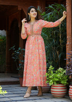 Kaajh Women's Light Orange Floral Handblock Printed Cotton Dress | Grocsy