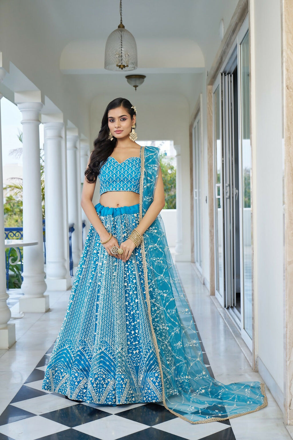 Eilara Glamorous Sky Blue Butterfly Net With Thread And Sequence Embroidered Work Lehenga Choli For Wedding | Grocsy
