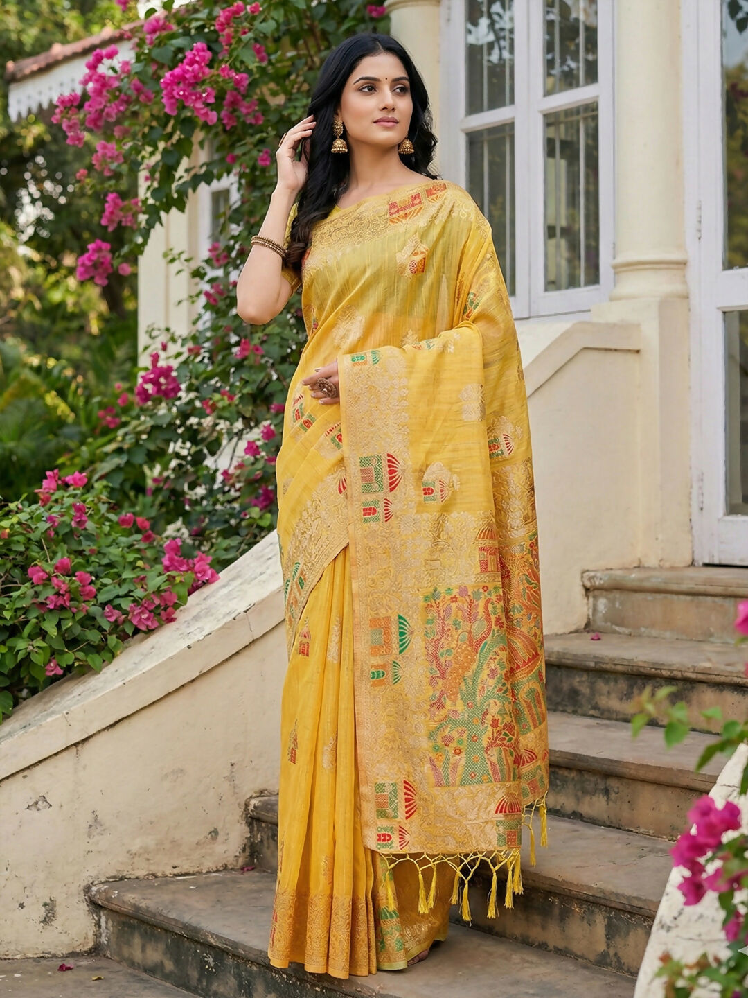 Shree Shyam Fashion Yellow Linen Cotton Saree | Grocsy