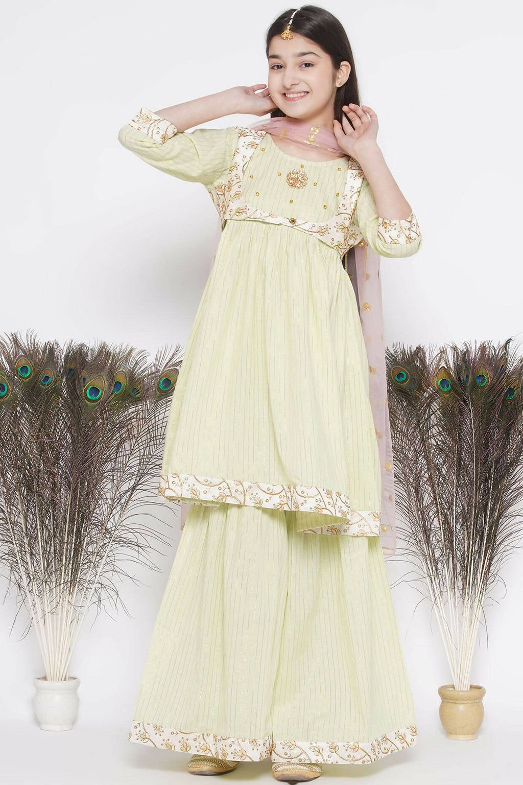 Little Bansi Floral Embroidery Jacket With Cotton Lurex Frock Sharara And Dupatta With Ghungroo Handwork - Bottle Green | Grocsy