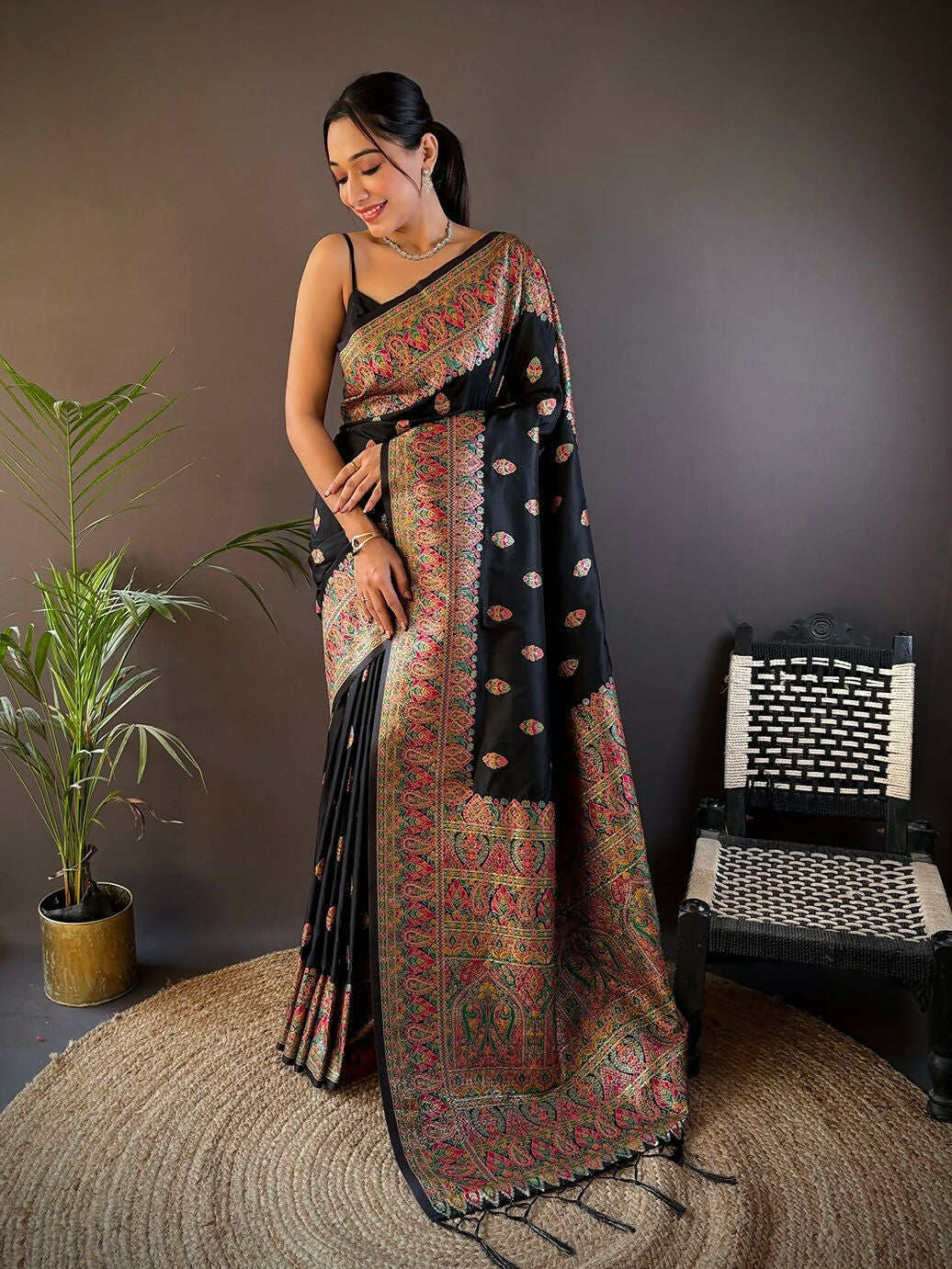 Joban Fashion Black Meena Weaves Pashmina Sarees | Grocsy