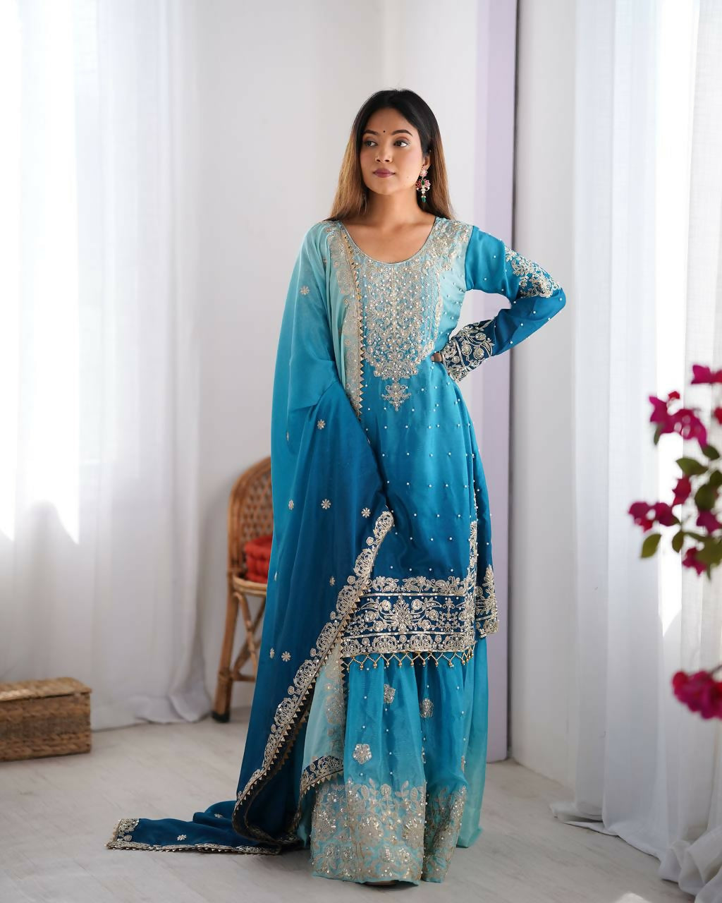 The52 Women's Beautiful Chinon silk Fabric Embroidery Work Straight Kurta Palazzo and Dupatta Set | Grocsy