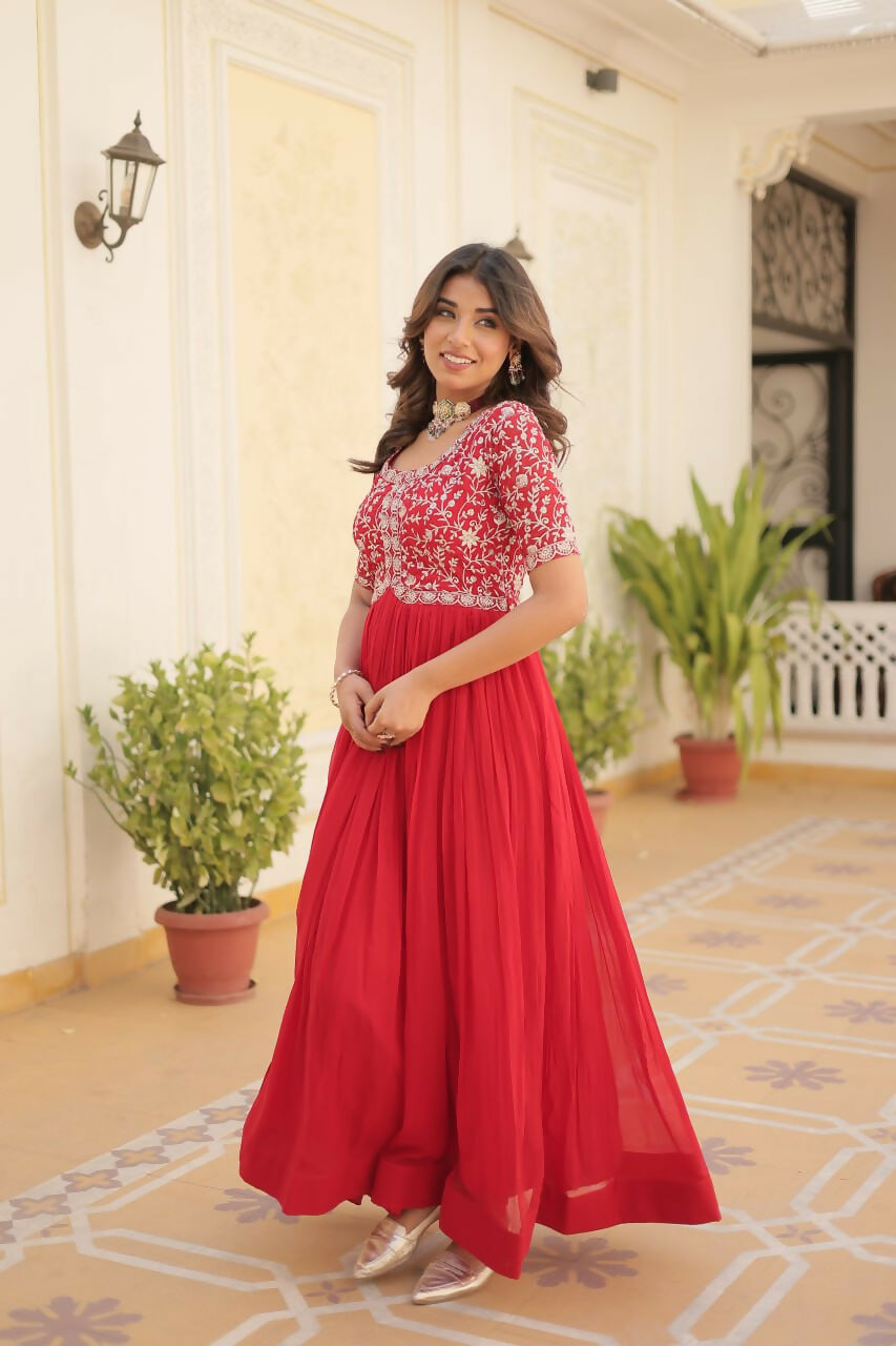 Vastranavya Faux Blooming with Embroidery Zari Sequins-work Gown - Red | Grocsy