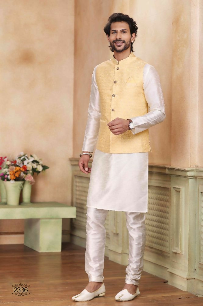 Raivat Ethnic Jacquard Banarasi Silk Woven Work 3 Pics Jacket Set In Yellow Colour | Grocsy