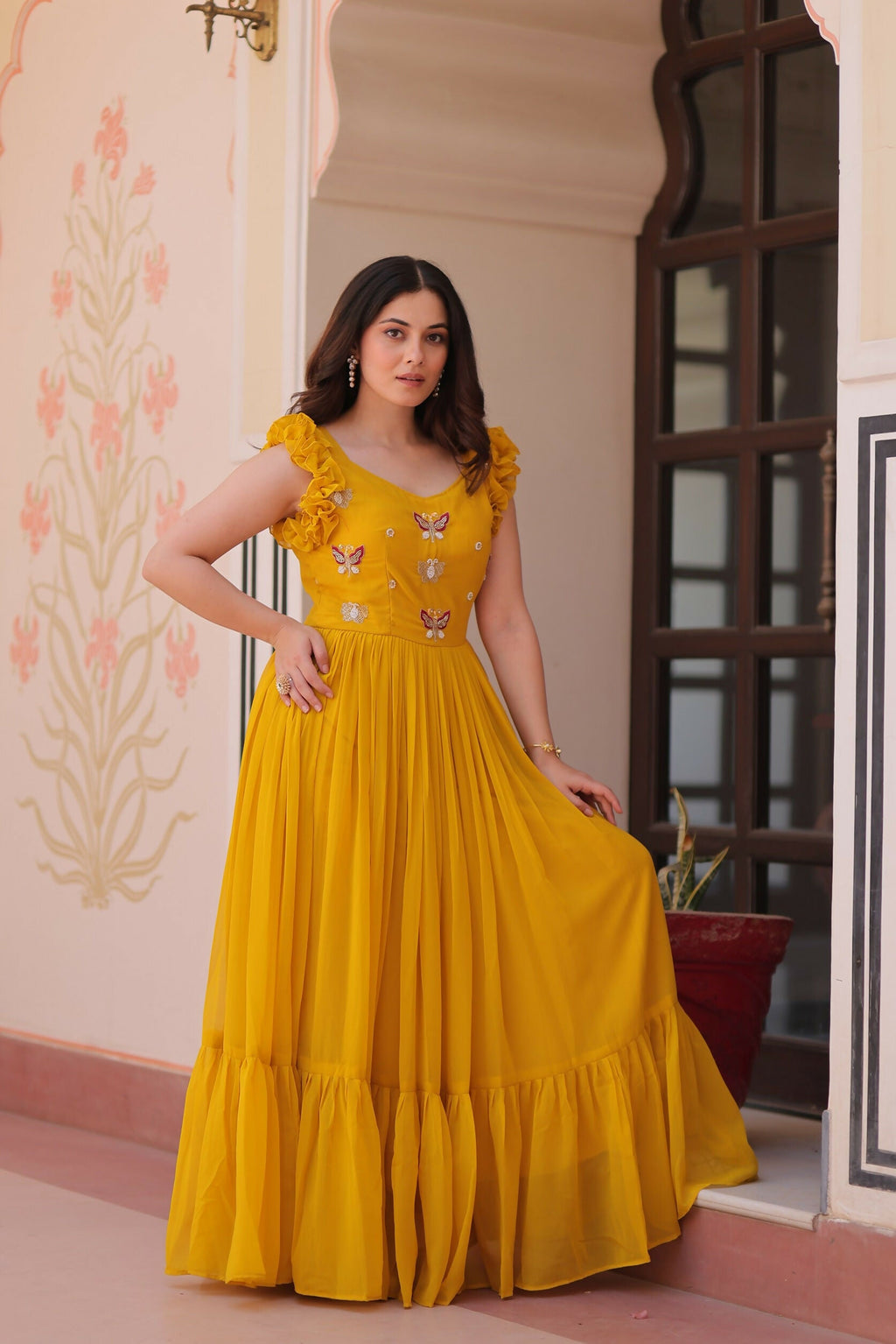 Joban Fashion Yellow Georgette Sequence Embroidery Work Gown | Grocsy