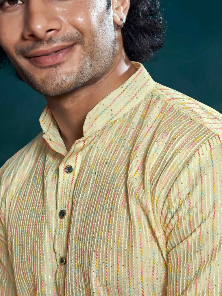 Off White Viscose Designer Sequance Embroidery Work Men's Kurta Set - Mahotsav | Grocsy